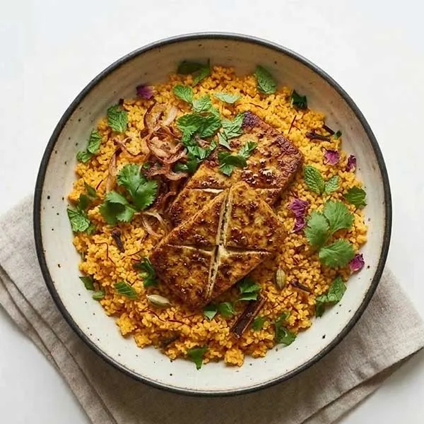 Ras Ul Hanout Tofu Steak With Saffron Couscous